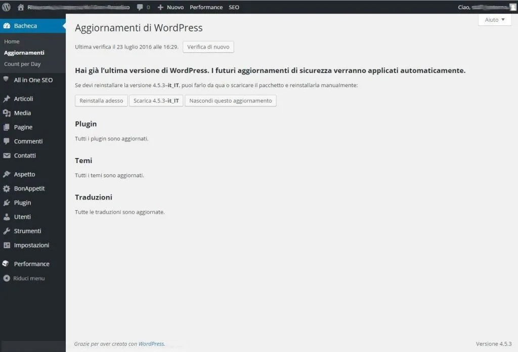 aggiornamenti wordpress compeltati