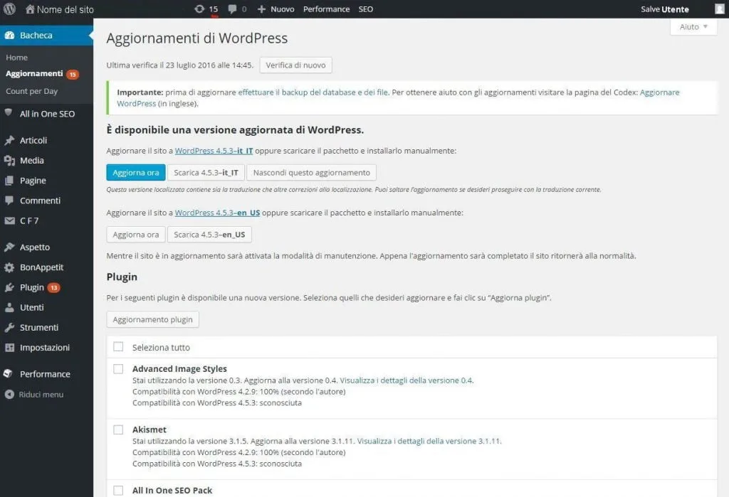 aggiornare WordPress
