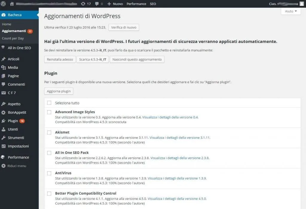 aggiornare plugin di WordPress