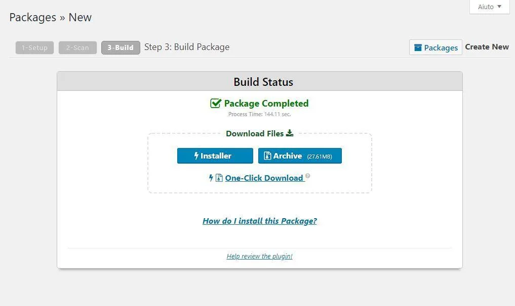 WordPress: guida passo passo a Duplicator. 11 Duplicator creazione pacchetto completata