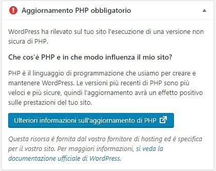 WordPress richiesta aggiornamento PHP