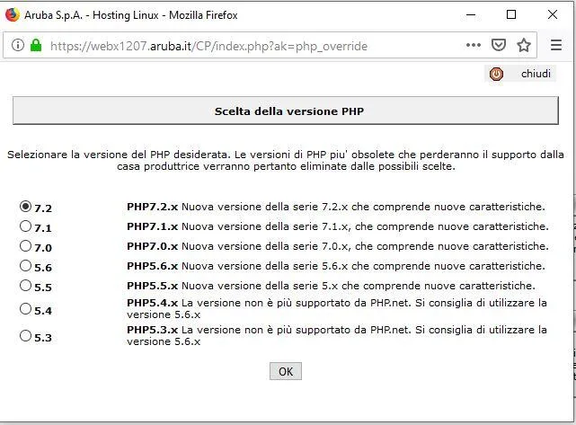 aggiornare php aruba 3