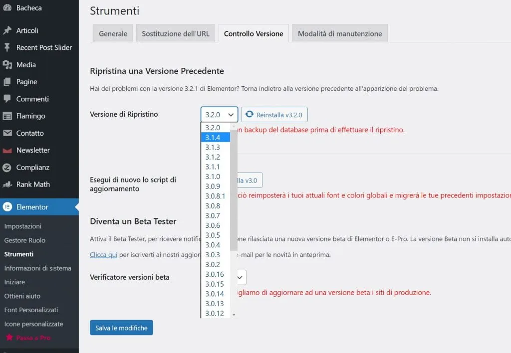 downgrade elementor passo 2