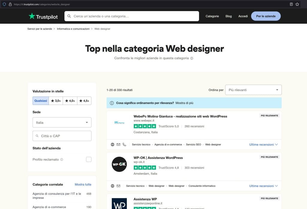 Tra i migliori su Trustpilot – grazie! 5 top categoria trustpilot web designer